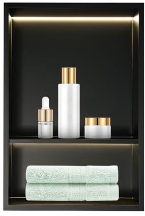 CHFUNE Nicho de pared, nicho de ducha sin taladrar, ducha de acero inoxidable con luz LED, nicho de ducha incrustado, negro, estante individual para baño, 48,5 x 33,3 cm