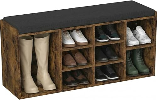Blisswood Shoe Storage Bench, Hallway Bench with 9 Open Storage Compartments, Adjustable Shelves, Wooden Shoe Rack Organiser & Padded Seat, Multi-Purpose Shoe Cabinet for Entryway Living Room (Rustic)