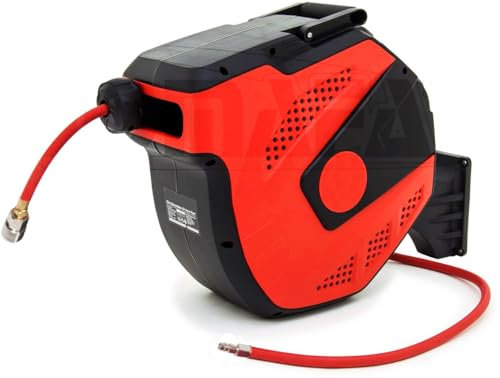 Carrete de Manguera Aire Comprimido 15 m + 2 m | Conector de 1/4 | Soporte Pared 180° | 7,5 x 11.5 mm | ROJO