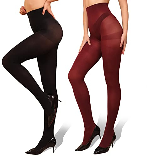WAKUNA 2 Pairs Pantyhose Opaque Tights 40D Resistant Control Top（Black+Wine red,Medium