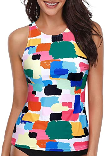 Holipick Multicoloured High Neck Tankini Top Bathing Suit Tops for Women Tummy Control Tank Tops Swimsuits L