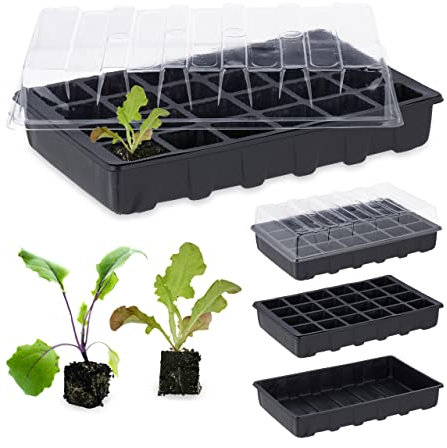 Relaxdays Semilleros de Germinación, Set de 3, Mini Invernadero para el Hogar, 24 Celdas, Bandeja con Tapa, Negro, Poliéster