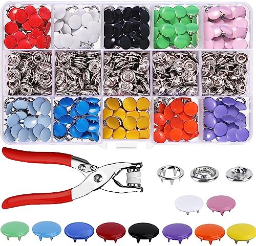 Druckknöpfe, Metall Druckknöpfe Kit Mit Zange 9,5mm Jersey Druckknöpfe 10 Farben,Für DIY Basteln Baby Kinder Kinderbekleidung (200sets Feste Knopfe+tool)