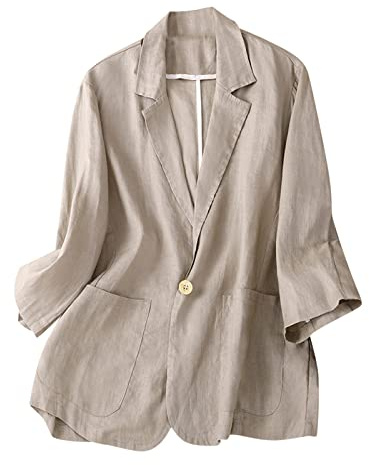 HAOLEI Women's Cotton Linen Blazer Long Sleeves Loose Fit Basic Jacket Business Casual Lightweight Summer Blazers Solid Color Work Coat Elegant Blazer with 1 Button Pockets Gray
