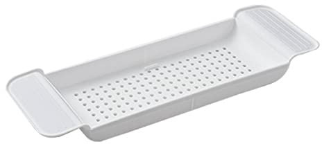 Tomotato Vassoio per Vasca da Bagno, Scarico Espandibile, Mensola da Bagno in Plastica, Organizzatore per Candele, Asciugamani, Libri, Vino, Telefono (Bianco)