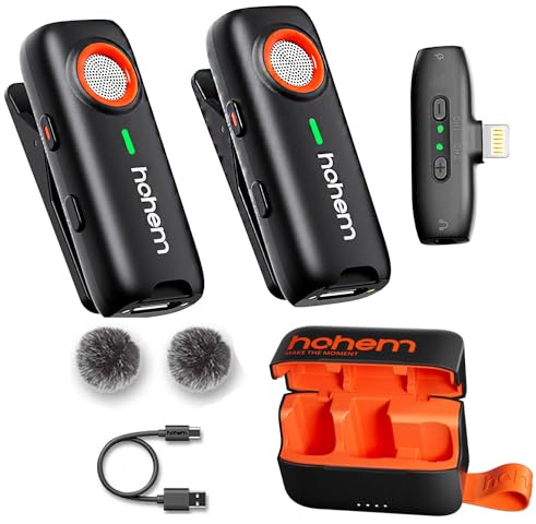 hohem MIC-01 Wireless Lavalier Microphone for iPhone iPad, MFi Certified, Remote Contro,100m(328ft),7.5Hr Recording Plug-Play Microphone for Record Vlogs, Live Stream (2 TX + 1 RX+Charging Case)