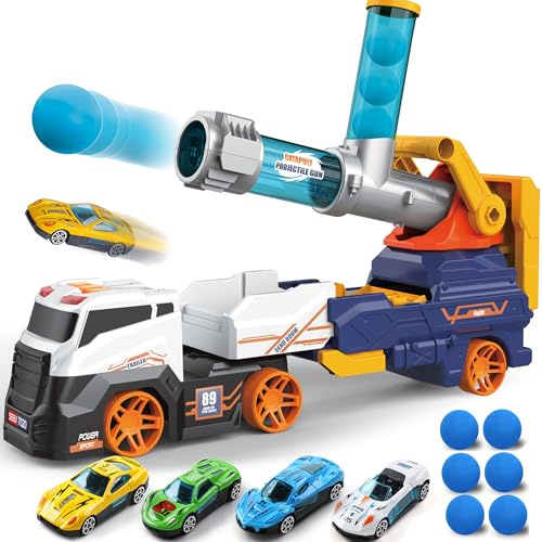 Dwi Dowellin Truck Toys for Kids, 28 Large Car Toys Include 4 Race Cars+6 Soft Foam Balls, with Light & Sounds, Eejection&Shooting Transport Trucks Toy, Gifts for Boys Girls 3 4 5 6 7 8+ Year Old