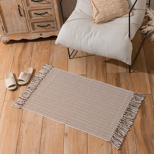 JaeMoose Tapis de Cuisine bohème - Tapis de Salle de Bain - Lavable - en Coton tissé - Motif géométrique - Couleur café, 60 x 90 cm