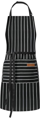 DILLMAN Kitchen Cooking Adjustable Aprons - Men Women Bib Soft Chef Stripes Apron with 2 Pockets (Wide Black Strips)