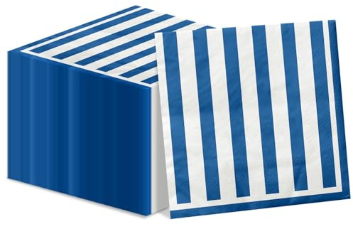 100 st blå- och vitrandiga servetter, marinblå och vit cocktaildryck pappersservett lunchservett för pojke män födelsedag brud baby shower bröllop