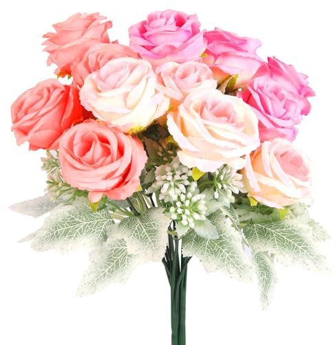 Sandiyago 15 Bouquets Bouquet de Fleurs, Rose Artificielle, 3 Paquets Fleurs de Roses Artificielles, Décorations de Table de Mariage de Fête Décoration de La Maison