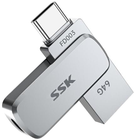 SSK 64GB USB C Stick bis zu 240 MB/s, Dual Memory Stick USB 3.2 Typ-C und USB-A Handy Speicherstick, Jump Flash Drive für iPhone 15/16Pro/Win/Android mit Wasser, Staub und Fallschutz
