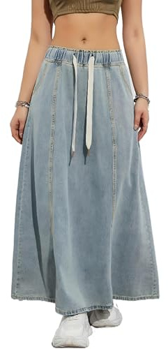 SUIUOI Gonna da donna a linea A, gonna jeans lunga, vita alta, denim casual, gonna estiva elegante, gonna per il tempo libero, Azzurro, XL