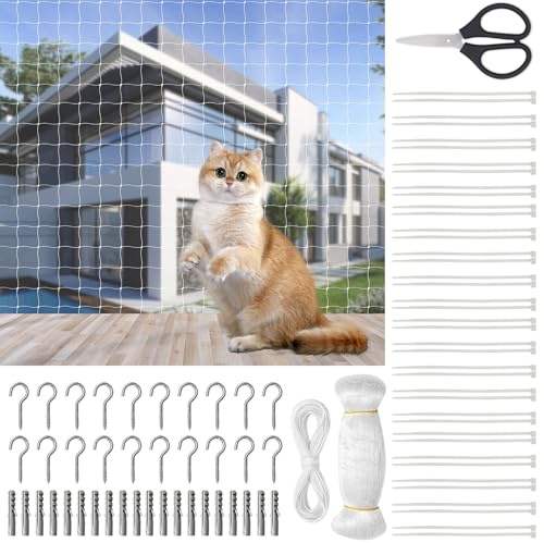 Katzennetz für Balkon, 3 x 10M Nylon Katzenschutznet, 2.5 cm Vogelnetze Taubenschutznetz Loch Balkonnetze mit Befestigungsseil Zubehör Scheren und Weib Kabelbinder für Fenster Oberlichter Terrasse
