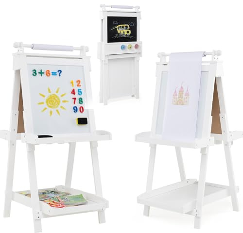 HOMASIS Caballete Plegable para Niños de 3+ Años, Pizarra Infantil de Madera con Altura Ajustable de 3 Niveles,Conrollo Papel Pintar,3 Vasos de Plástico,Bandeja de Almacenaje,55x66x106cm (Blanco)