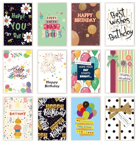 Oridaceae Geburtstagskarten Set mit Umschlag, 12 Stück Glückwunschkarten Geburtstag, Blanko Happy Birthday Karten Set für Kinder Erwachsener Familie Freunde