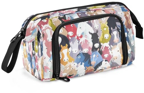 Grande trousse à crayons pour filles et garçons - Motif chevaux colorés - Pour fournitures scolaires et de bureau - Trousse à crayons motif cheval mignon pour adultes et femmes