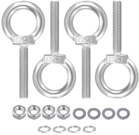 JEUIHAU 4 Pack M10 Shoulder Eye Bolts, Stainless Steel Lifting Eye Bolts with Washer and Nuts, Heavy Duty EyeBolts for Hanging Hammocks Articles, Thread Length 50 MM