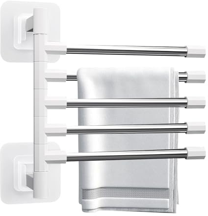 Porte-serviettes mural sans perçage en acier inoxydable à coller, avec barres pivotantes à 180°, blanc, porte-serviettes sans perçage, porte-torchons pour cuisine, salle de bain, toilettes (26 cm)