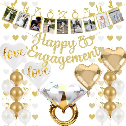 KATBUU Engagement Party Decorations - Gold Engagement Congratulations Decor, HAPPY ENGAGEMENT Banner, Thickened ECO Ring Balloon Kit with Photo Timeline Banner, Heart Streamers Garlands