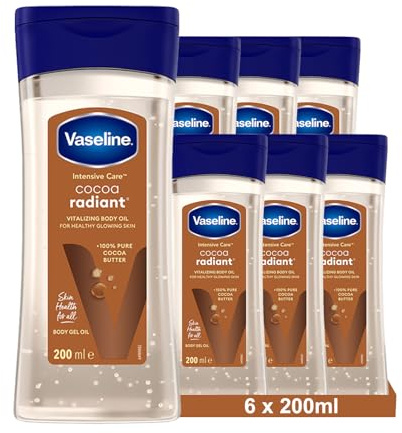 Vaseline Intensive Care Cocoa Radiant pour une peau éclatante, huile corporelle au beurre de cacao pur + huiles régénérantes, (6 x 200ml)