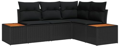 YUTAASU Set modulare da giardino 4 pezzi con cuscino, divano da giardino in polyrattan nero, gruppo di sedute con custodia, per giardino e terrazza