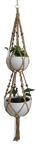1 PCS 6 Legs Macrame Plant Hanger Jute Double Tiers Plant Hanger & Plant Holder with 6 pcs Round Brown Wood Bead, Hanging Planter 65-inches for 8 inch and 10 Inch Plant Pot (Without Pot)