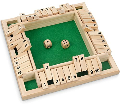 Shut The Box 4 Spieler Würfelspiel Board Games ab 4 Jahre Four Sided Flop Brettspiele & 2 Holzwürfel, Klassisches Würfelkönig Familien-Partyspiel für 1 bis 4 Spieler