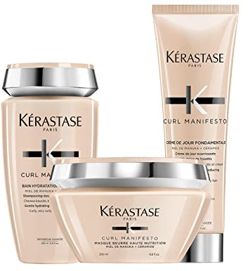 Kérastase, Curl Manifesto, Pflegeroutine mit Shampoo, Haarmaske und Tagescreme, Für lockiges und krauses Haar, Mit Manuka-Honig und Ceramiden