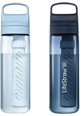 LifeStraw Go Series, BPA-Free Water Bottle for Travel and Everyday Use Removes Bacteria, Parasites, Microplastics, Improves Taste, 22oz 2-Pack; Icelandic Blue and Aegean Sea