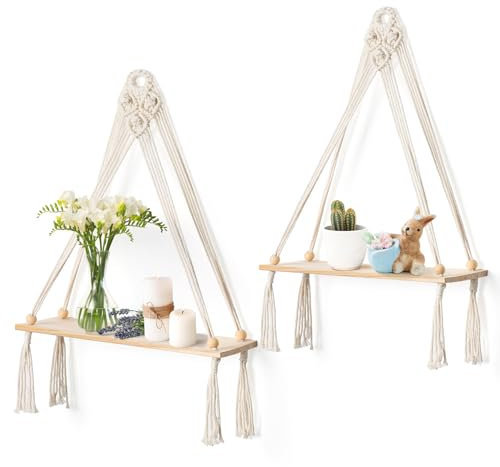 Betylifoy Wandregal Holz Makramee Regal Boho Deko Hängeregal Wanddeko Badezimmer Wohnzimmer Balkon Pflänzchen Handgewebte Schweberegal (2 Stück-B)