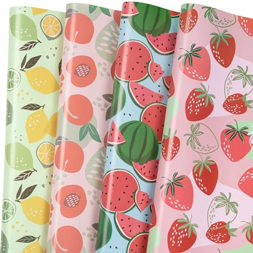 LeZakaa Obst-Geschenkpapierbogen – 12 Blatt mit 4 verschiedenen Designs, Wassermelone, Zitrone, Erdbeere, Pfirsich für Sommerferien – 69,8 x 49,8 cm pro Blatt