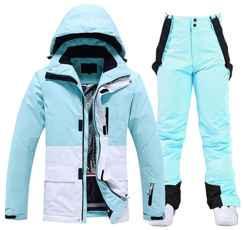 HOTIAN Conjunto de chaqueta y pantalones de esquí para mujer, juego de 2 piezas, traje de esquí para mujer, resistente al agua, cortavientos, invierno, cálido, esquí, nieve, juego de snowboard, BU+BU,