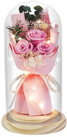 HVY Preserved Flowers Gifts for Her,Preserved Rose Bouquet in Glass Dome,Forever Flowers Fresh Bouquet Present for Women Mothers Day Birthday Gifts for Mom Wife Grandma,Pink Real Rose
