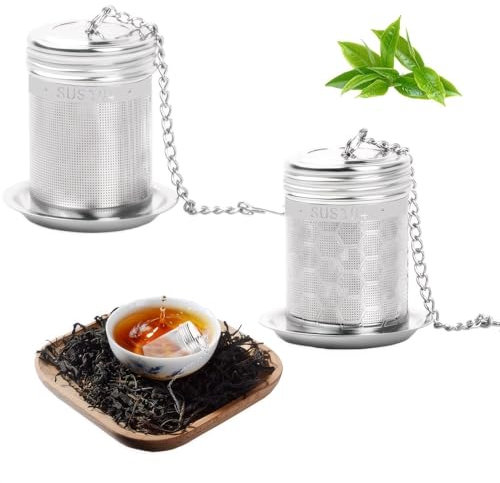 304 Stainless Steel Tea Filters, 2 Pcs Tea Infusers with Threaded Lid, Tea Strainers with 10cm Chain Hook & Drip Tray, Extra Fine Meshed Tea Sieve Diffuser, Tea Steeper for Loose Leaf Tea/Seasonings