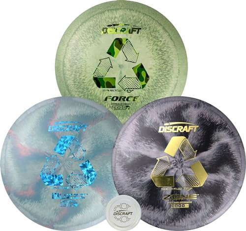 Recyceltes ESP 3er-Pack Discgolf-Set, enthält Buzzz, Force, Zone, 100 % recyceltes Material, umweltfreundliche Performance-Discs. Scheibenfarben, Folien und Gewichte variieren
