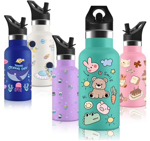 Vikaster Borraccia Termica con Cannuccia, Borraccia Termica Bambini in Acciaio Inox, 350ml, 12H Caldo/24 Freddo, Senza BPA, Adatto a Ragazza, Ragazzo, Scuola, Parco Giochi, Parco Divertimenti