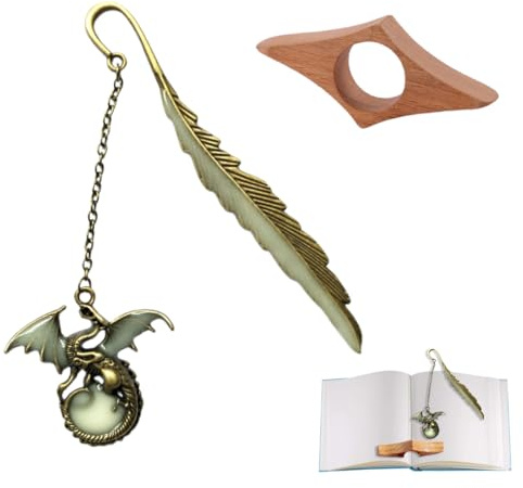 1 st Glow in the dark metal fjäder bokmärke i guldfärg för bokälskare, kommer med en bok trycka Finger Clasp, Vintage Glow in the Dark bokmärken gåva 3D Flying Dragon hänge