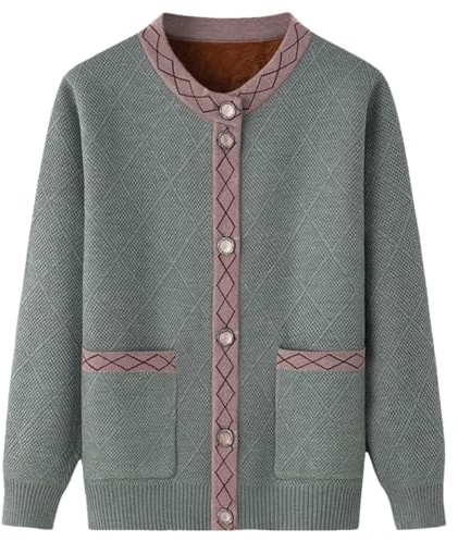 ACMEDE Cardigan Tricoté en Polaire Femme avec Poche, Manches Longues, Pull Tricoté Épais Et Chaud Personnes Âgées D'Âge Moyen, Veste Haut en Tricot Thermique décontracté Manteau Mamie, 40-80KG
