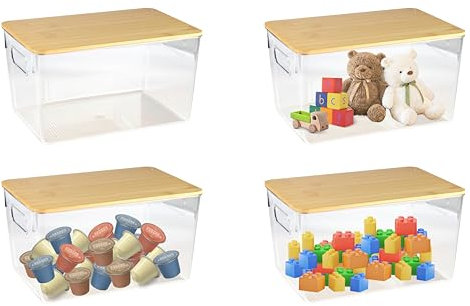 Gzsekken Plastic Storage Bins 4 Pack Food Bin Box Stackable Cabinet Shelf Organiser With Bamboo Lid Kitchen Pantry Cabinet Perfect Kitchen Organisation or Pantry Storage - Clear/Natural