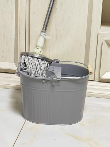 Cubo de fregona de metal de acero galvanizado de 13 litros, grande, galvanizado, reforzado, resistente, de acero grueso, para limpieza general en casa, oficina (gris)