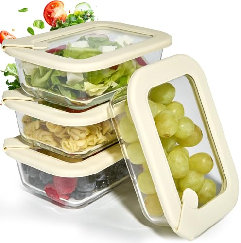 Dalena Home Recipiente de Vidrio Borosilicato Rectangular con Tapa Set 4 x 370 Mililitros – Fiambrera Cristal, Contenedor de Alimentos, Conservación en Nevera, Organizador de Cocina