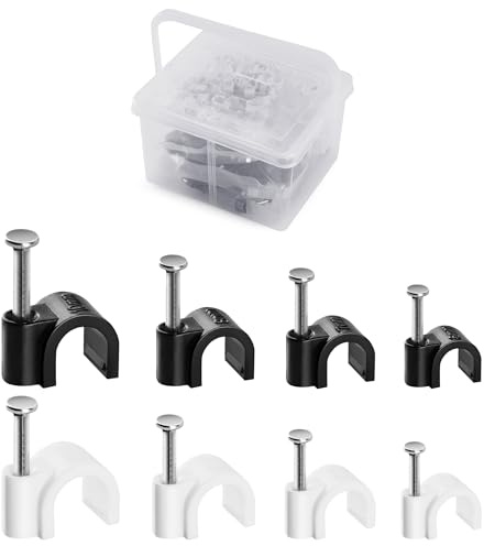 400 Pack Cable Clips with Steel Nails Kit, OD: 6mm/7mm/8mm/10mm Round U Nails (Black&White, Each 50PCS, Total 400PCS), Cable Wire Cord Management Clips, for Wall, Floor, Ceiling, Ethernet, Coax Cable