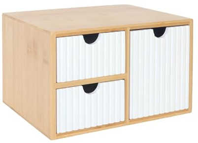 Relaxdays Schubladenbox, Bambus & MDF, 3 geriffelte Schubladen, HBT: 15 x 25 x 20 cm, Schreibtisch Organizer, weiß/Natur