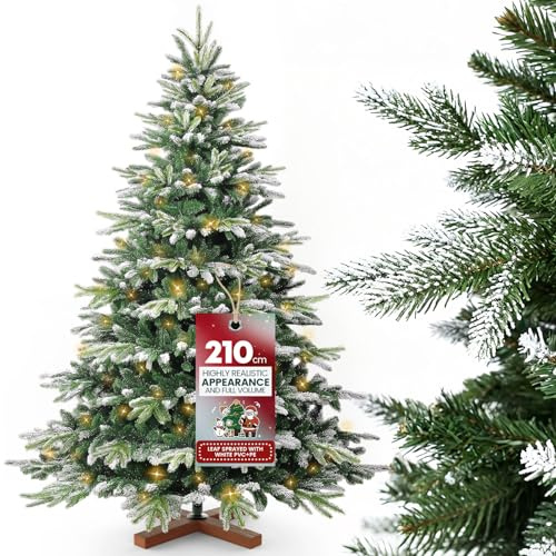 Huracan Árbol de Navidad artificial de 210 cm, con soporte de madera, con iluminación y nieve, aspecto de aguja, bolsa de almacenamiento y objetos decorativos