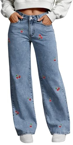 Jeans a gamba larga per le donne alla moda a vita alta gamba dritta jeans svasati moda primavera moda ciliegia stampato palazzo denim pantaloni larghi distressed streetwear casual denim pantaloni con