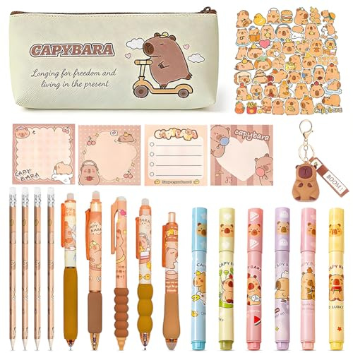 CYGMRFH Set Astuccio Capybara 71 Pezzi, Astuccio Capybara con Penne Cancellabili, Matite, Evidenziatori, Adesivi, Note Adesive & Portachiavi, Kit Cancelleria Completo per Scuola, Ufficio e Studenti