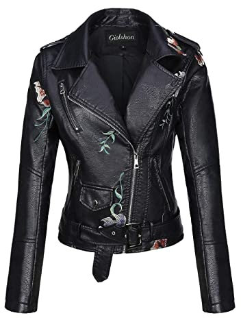 Giolshon Chaqueta de Cuero Sintético para Mujer Abrigo Corto de Motociclista de Otoño Elegantes, Floral Informal de Moto 1702020 Negro XL