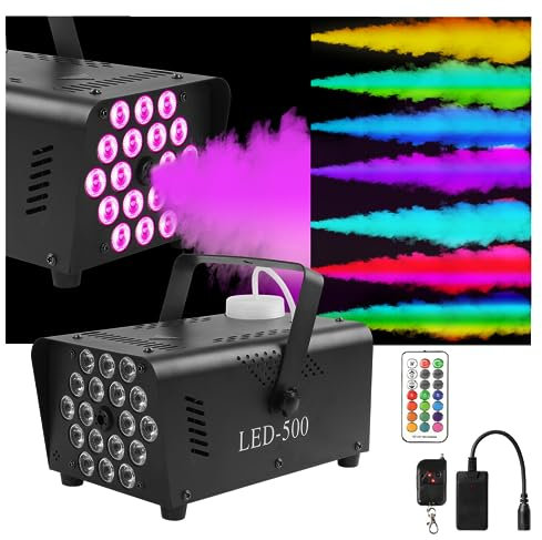 Máquina de Humo Niebla con LED Luces de Fiesta Coloridas, 500W Maquina Humo Disco Portátil con Automático y Control Remoto Inalámbrico de Niebla para Halloween, Navidad, Bodas, Cumpleaños ect. (18LED)