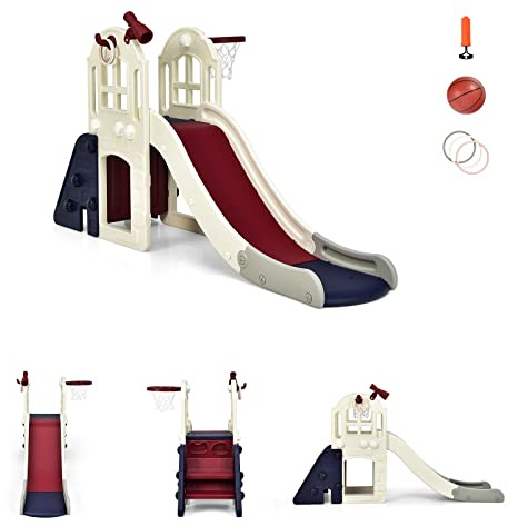 RELAX4LIFE 3 in 1 Centro Attività per Bambini, Parco Giochi con Scivolo, Anello di Lancio e Canestro, Set di Scivoli per Bambini da Giardino o Cameretta, Età 18 mesi-5 anni (Blu+Beige)
